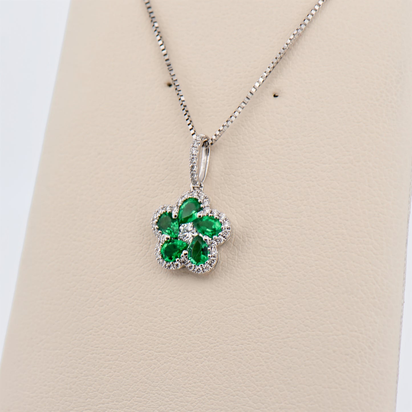Modern Emerald & Diamond Flower Pendant in 18k White Gold