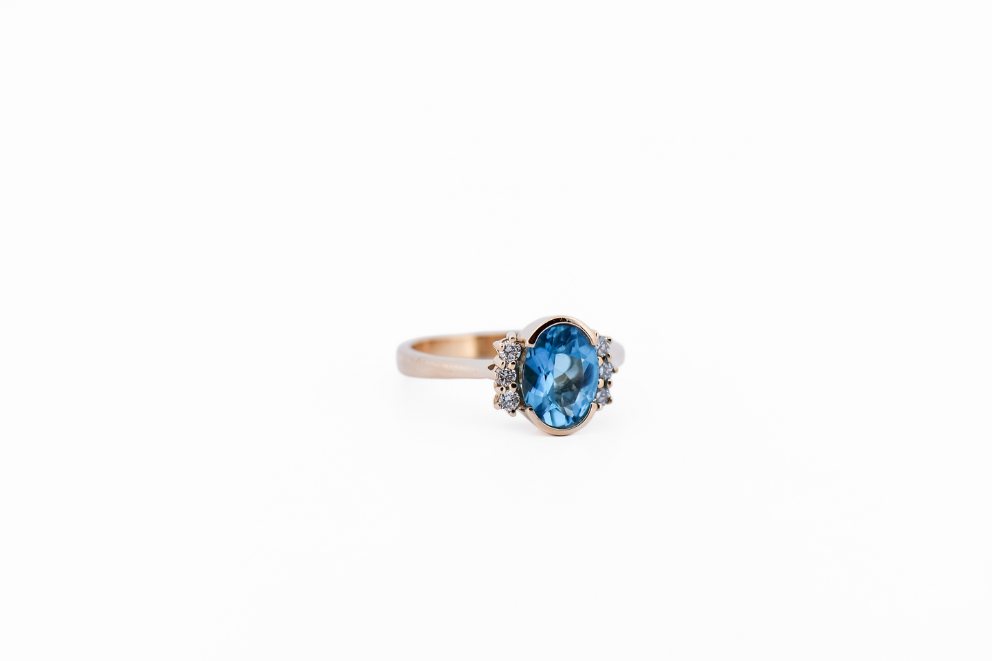 Modern Estate Swiss Blue Topaz Ring in Yellow Gold Semi-Bezel