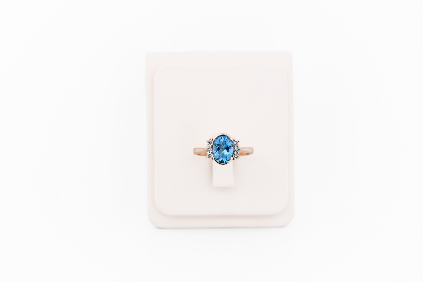 Modern Estate Swiss Blue Topaz Ring in Yellow Gold Semi-Bezel