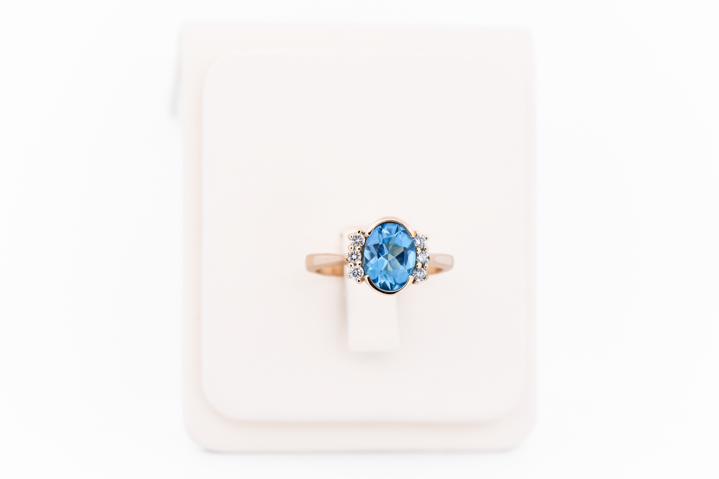 Modern Estate Swiss Blue Topaz Ring in Yellow Gold Semi-Bezel