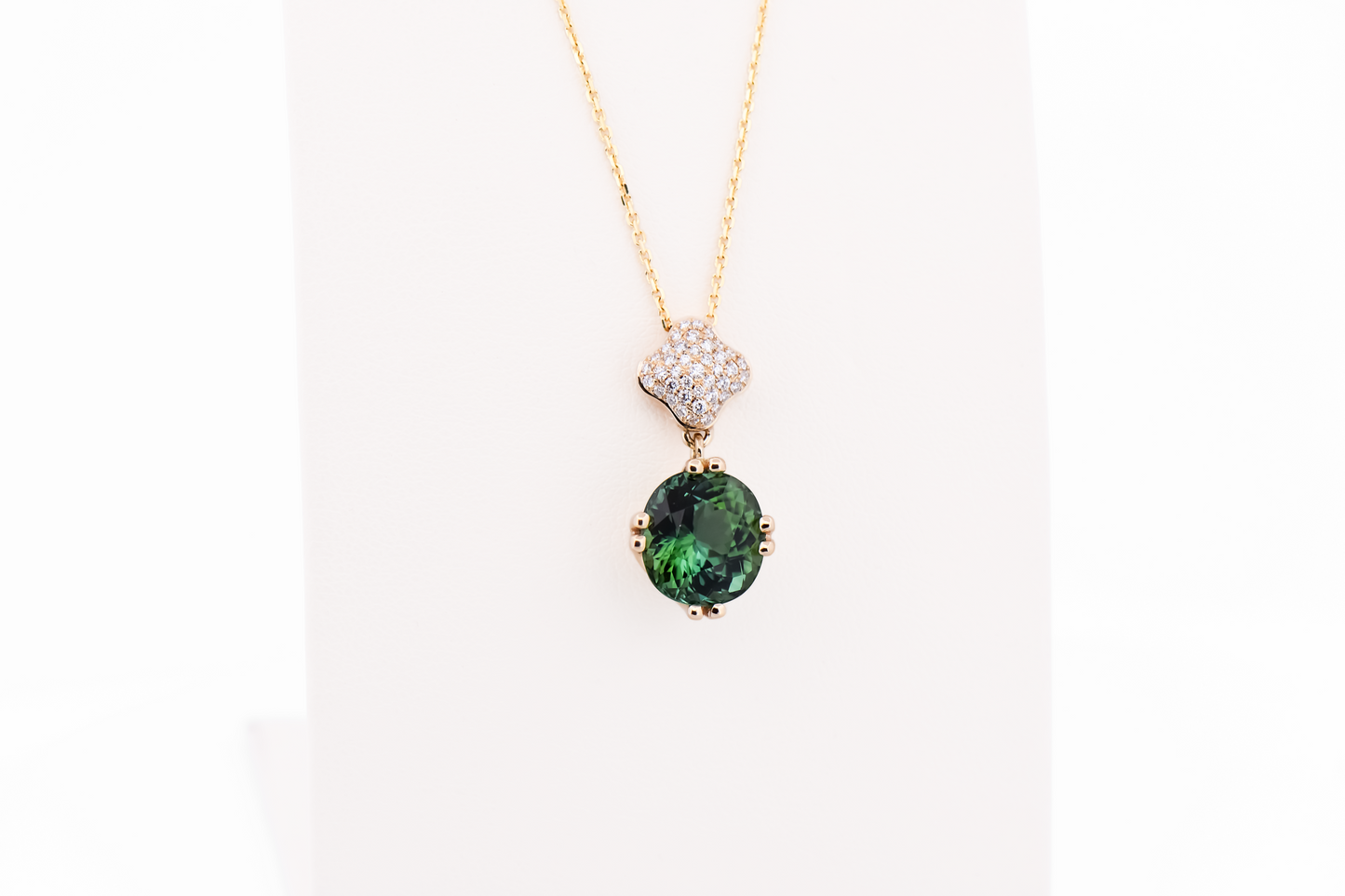 Modern Green Tourmaline Pendant with Pave' Set Diamond Clover Bail