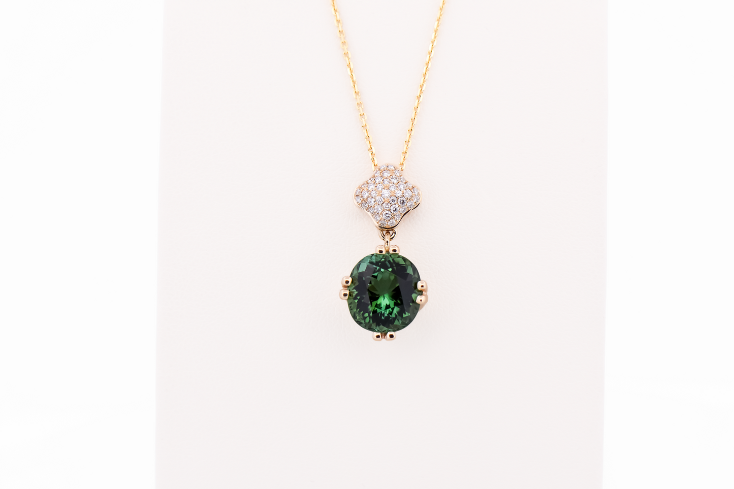 Modern Green Tourmaline Pendant with Pave' Set Diamond Clover Bail