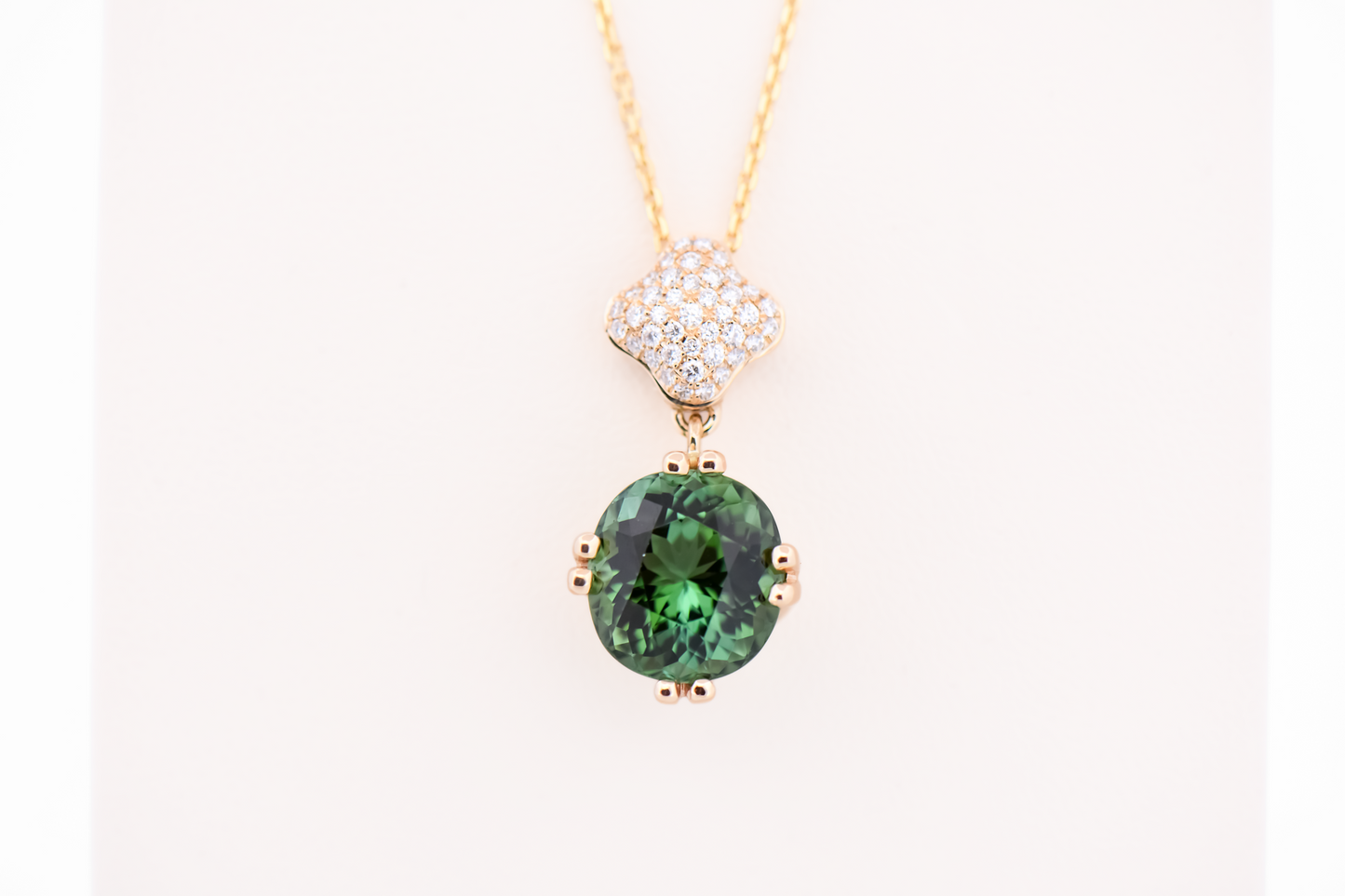 Modern Green Tourmaline Pendant with Pave' Set Diamond Clover Bail