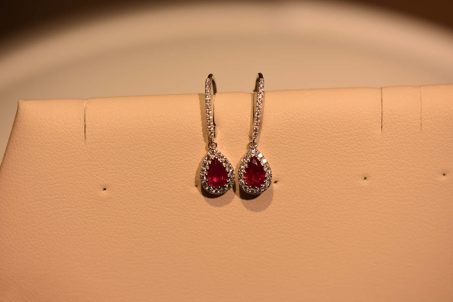 Modern Pear Shape Ruby & Diamond Halo Dangle Earrings