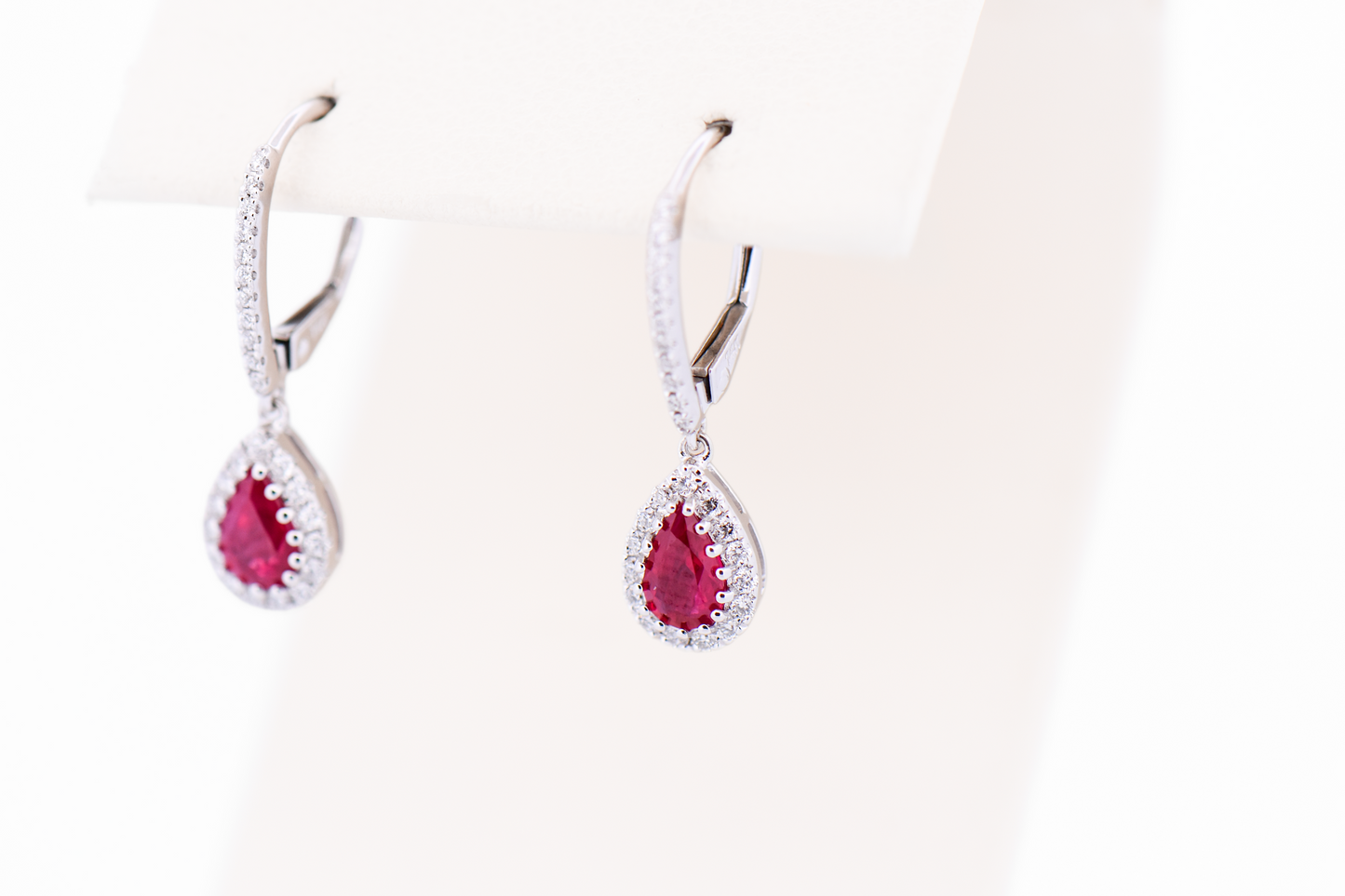Modern Pear Shape Ruby & Diamond Halo Dangle Earrings
