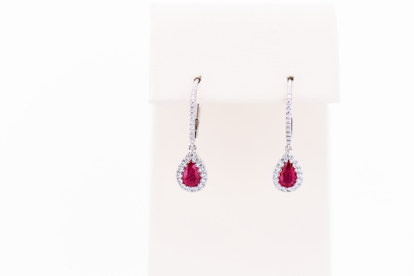 Modern Pear Shape Ruby & Diamond Halo Dangle Earrings