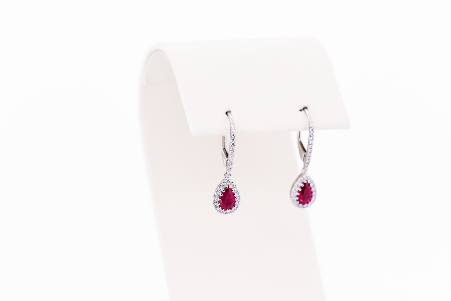 Modern Pear Shape Ruby & Diamond Halo Dangle Earrings