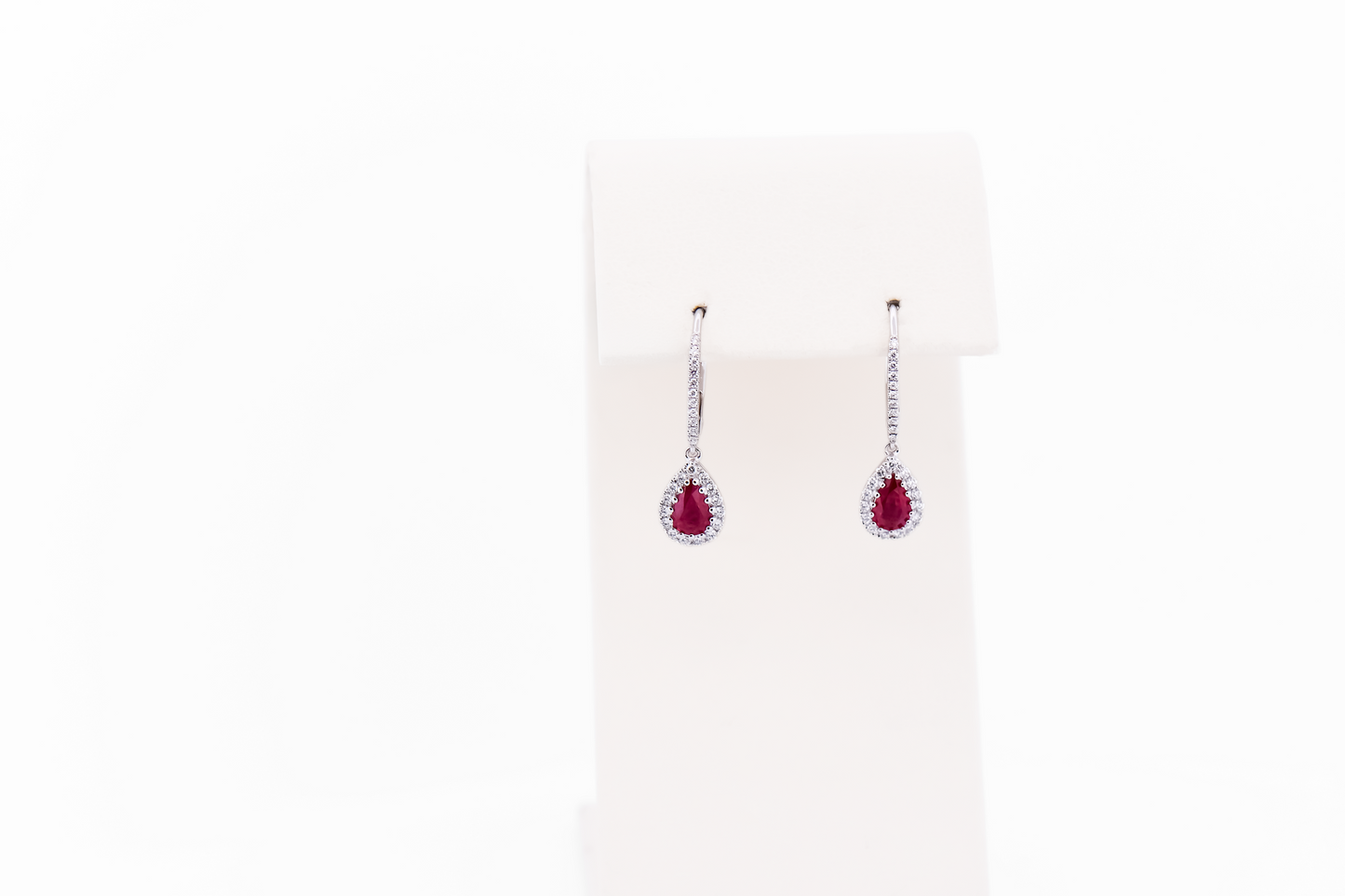 Modern Pear Shape Ruby & Diamond Halo Dangle Earrings