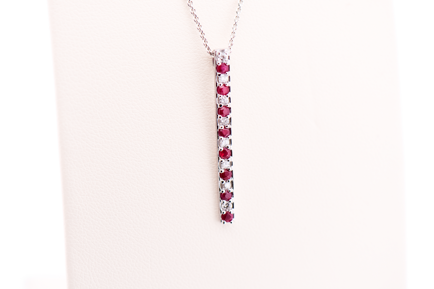 Modern Ruby & Diamond Bar Pendant in White Gold