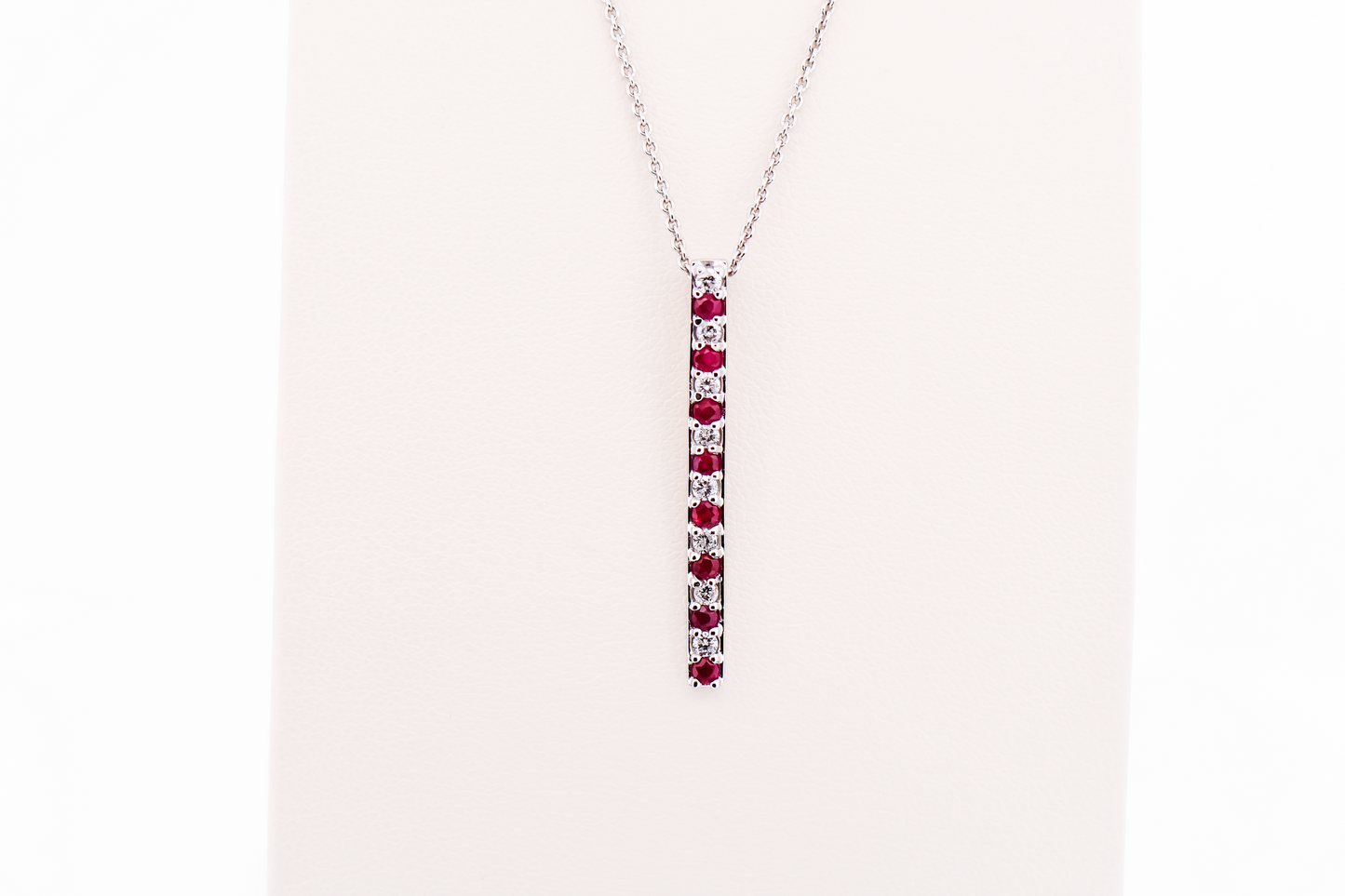 Modern Ruby & Diamond Bar Pendant in White Gold