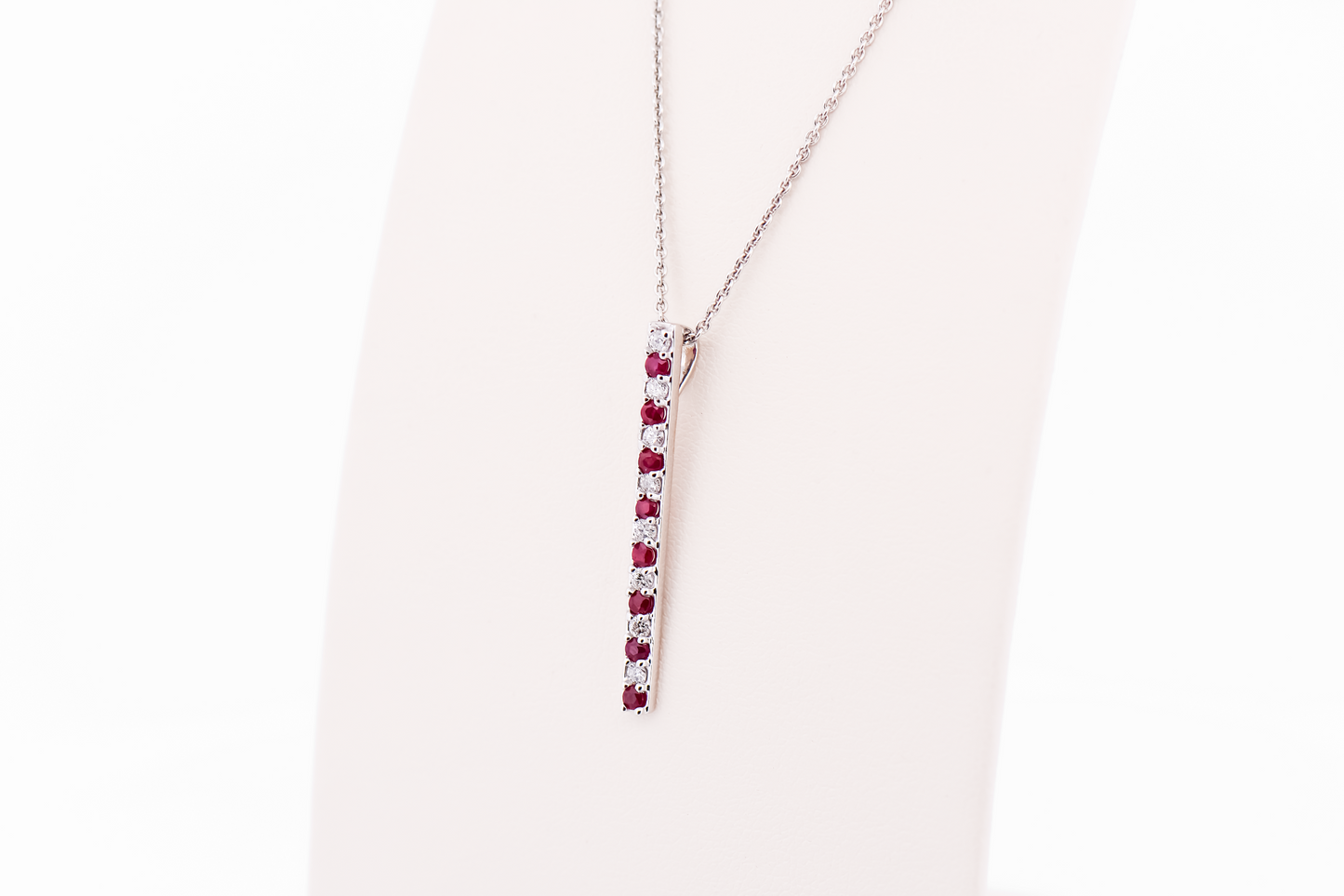 Modern Ruby & Diamond Bar Pendant in White Gold