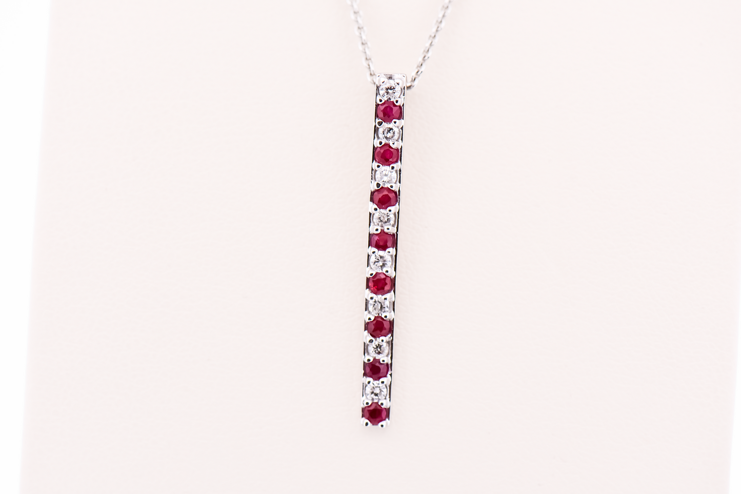 Modern Ruby & Diamond Bar Pendant in White Gold