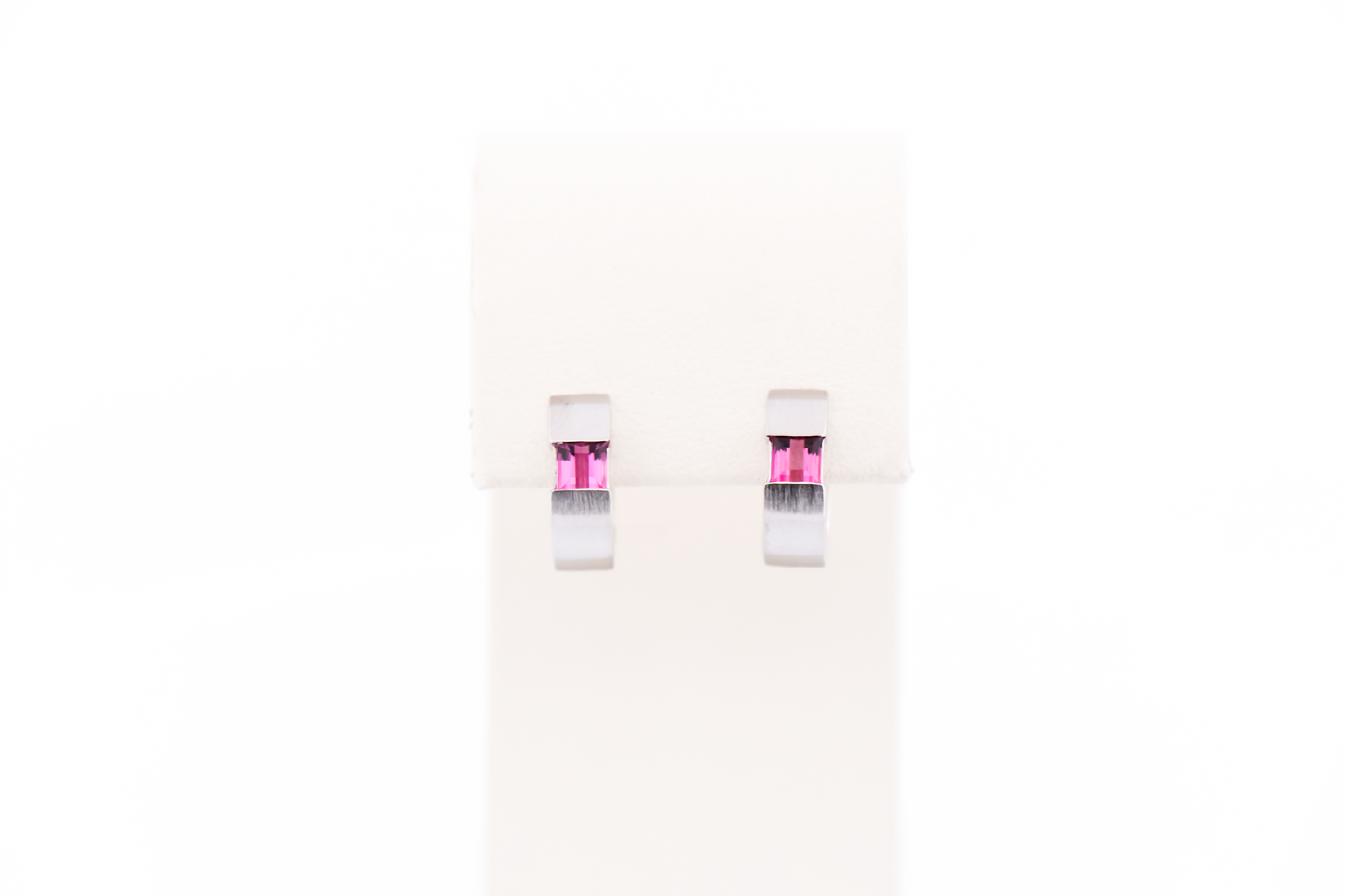 Modern Textured White Gold Hoop Earrings with Pink Tourmaline