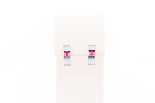 Modern Textured White Gold Hoop Earrings with Pink Tourmaline