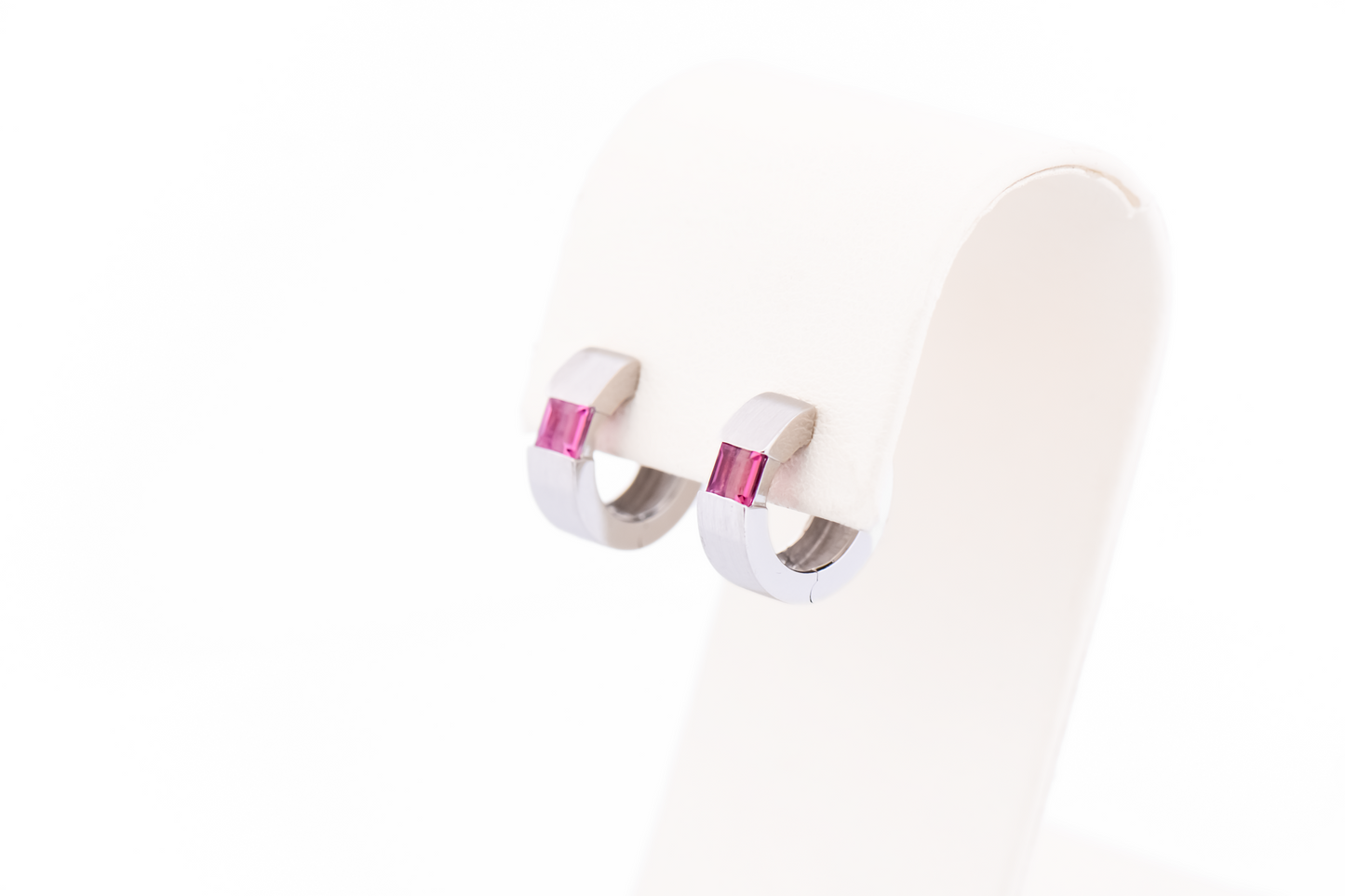 Modern Textured White Gold Hoop Earrings with Pink Tourmaline