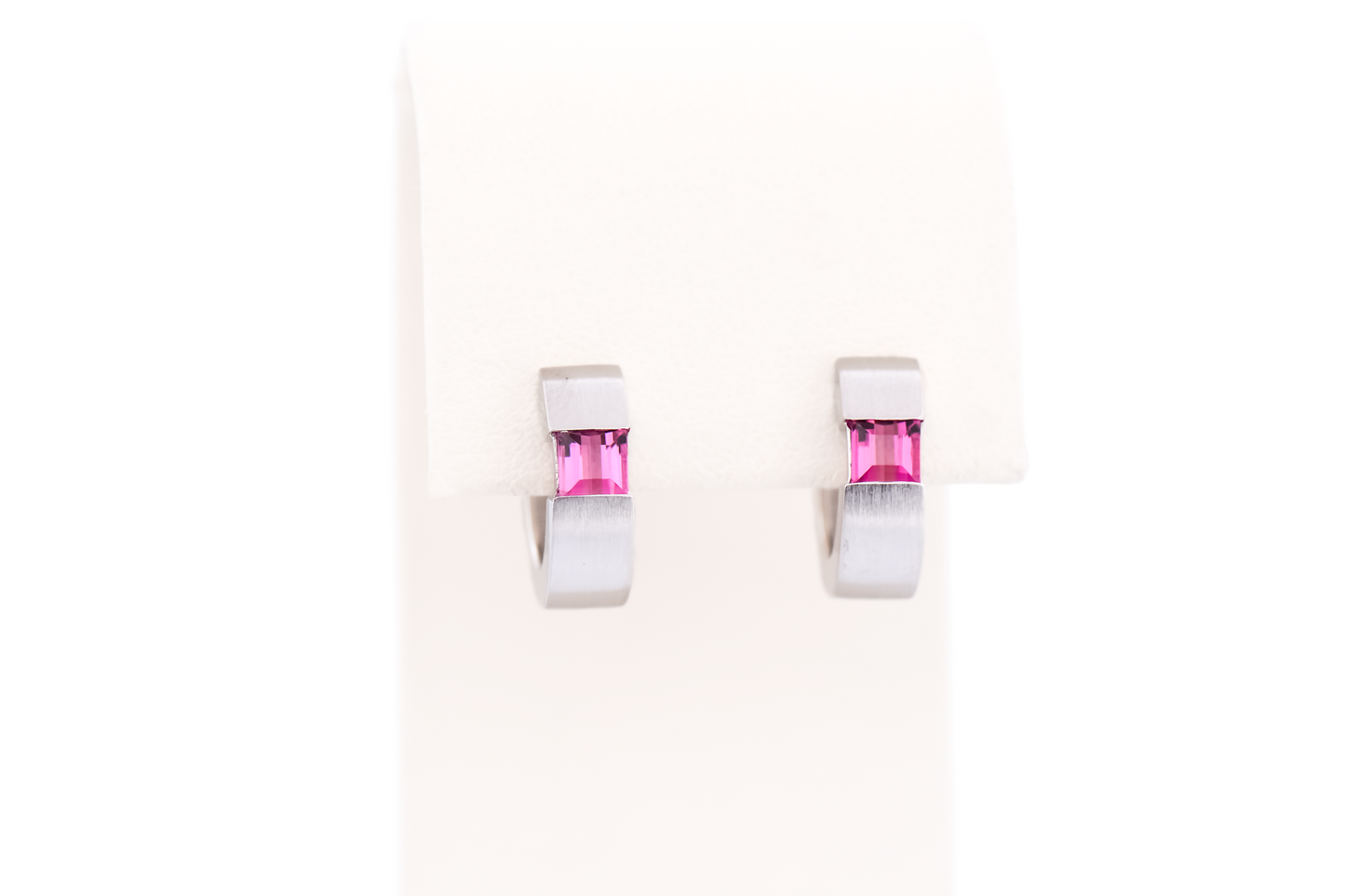 Modern Textured White Gold Hoop Earrings with Pink Tourmaline
