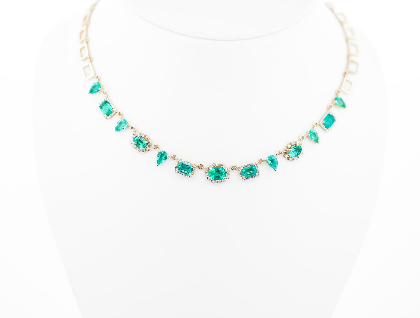 Modern Yellow Gold Link Necklace with Fancy Shaped Emeralds & Diamonds