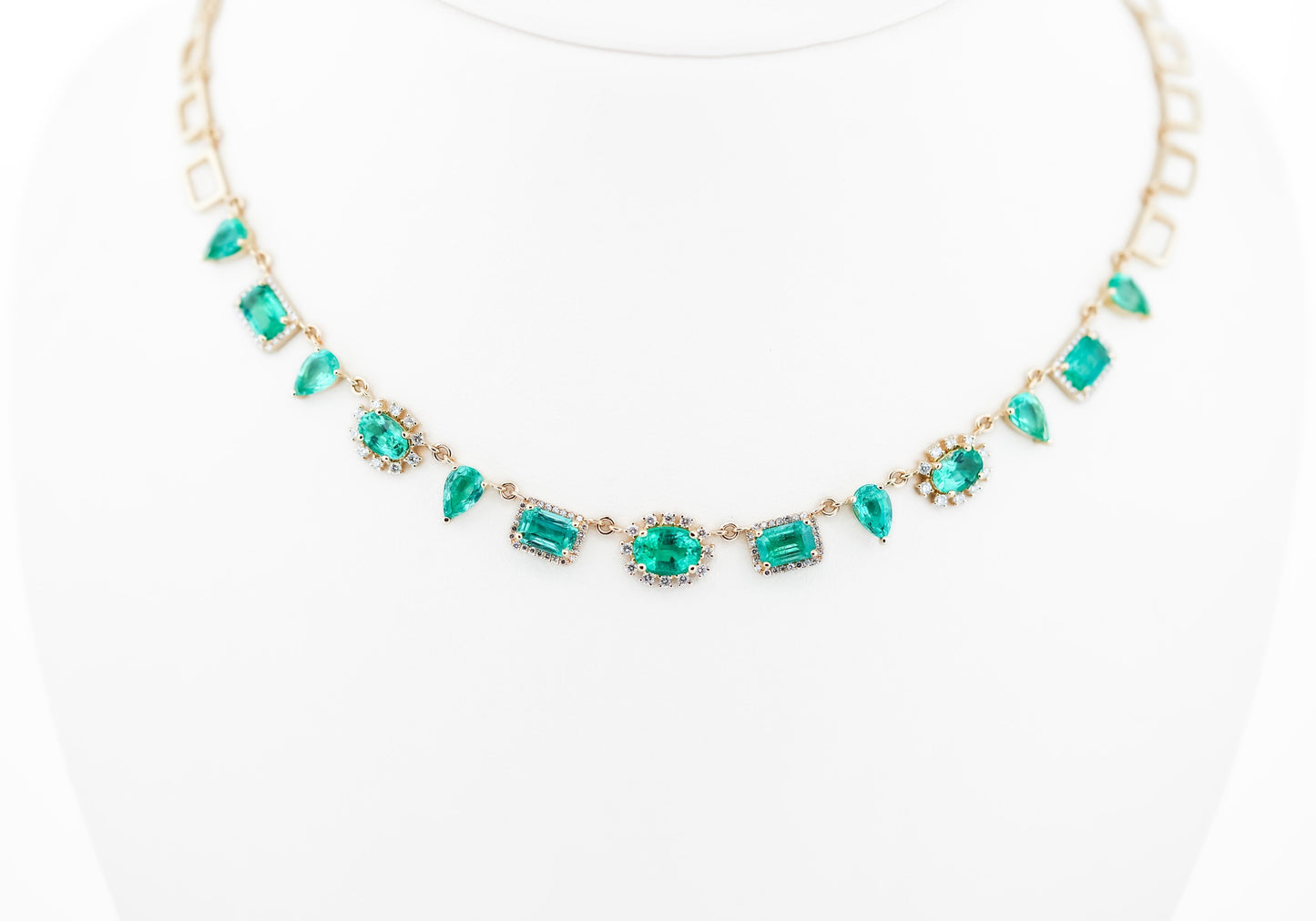 Modern Yellow Gold Link Necklace with Fancy Shaped Emeralds & Diamonds