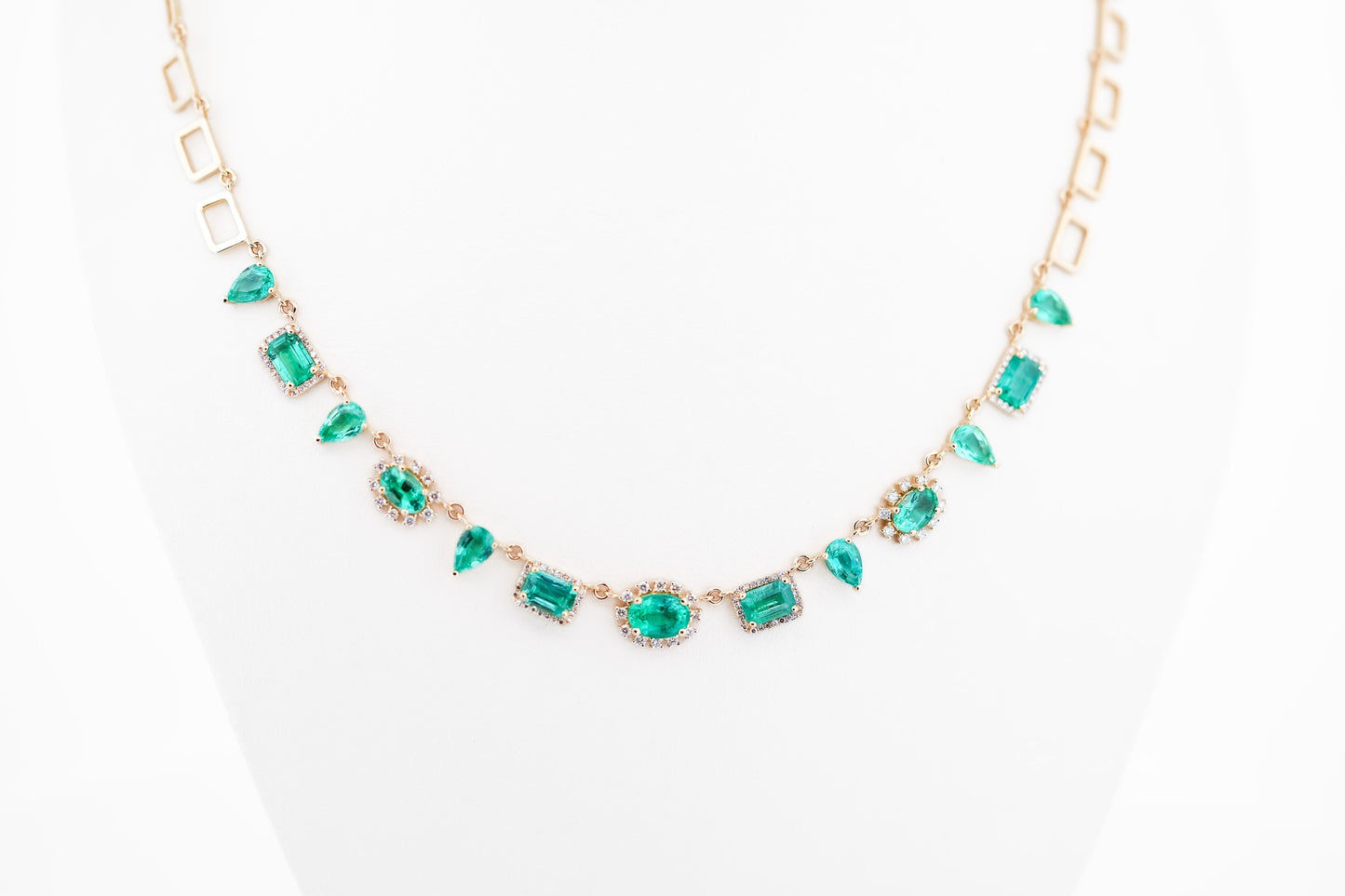 Modern Yellow Gold Link Necklace with Fancy Shaped Emeralds & Diamonds