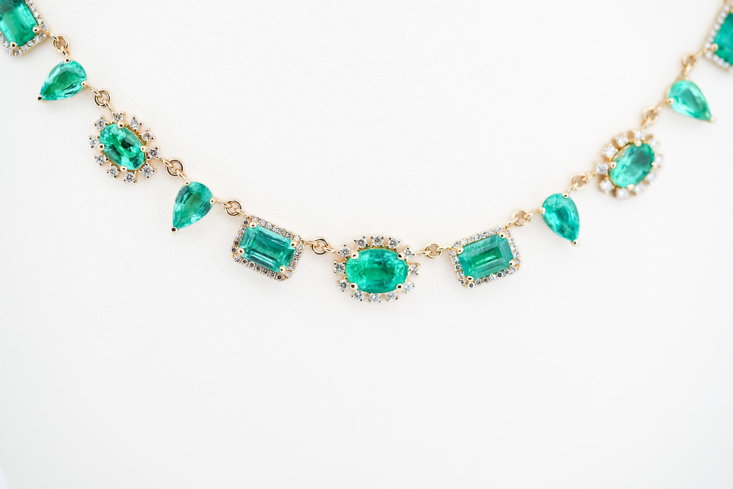 Modern Yellow Gold Link Necklace with Fancy Shaped Emeralds & Diamonds