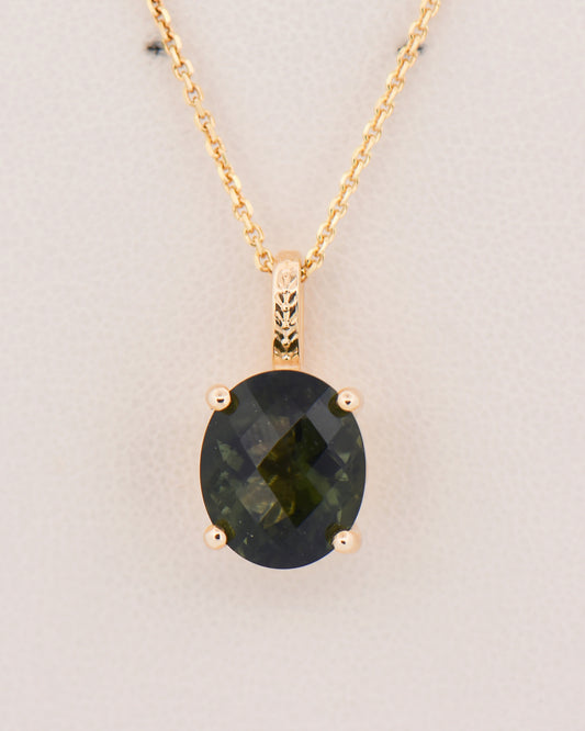 Oval Moldavite Pendant in Yellow Gold