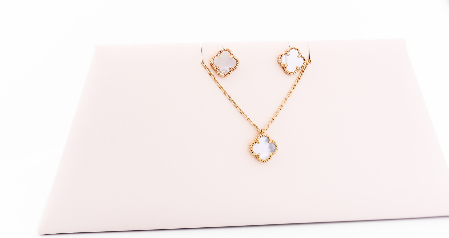 Mother of Pearl Inlay Alhambra Necklace & Earring Set in Yellow Gold