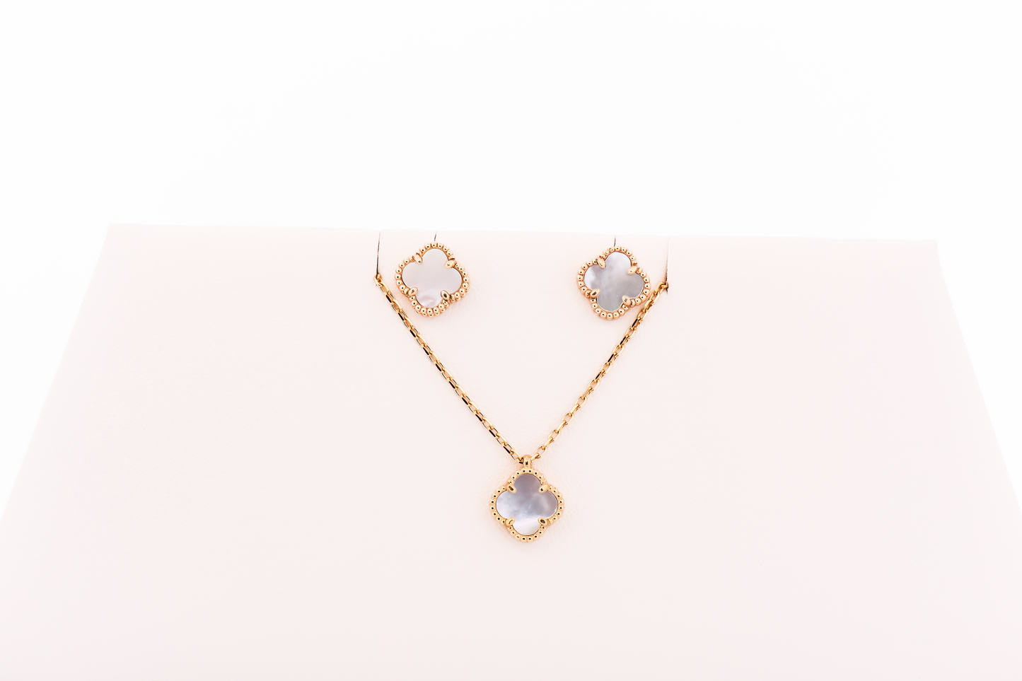 Mother of Pearl Inlay Alhambra Necklace & Earring Set in Yellow Gold