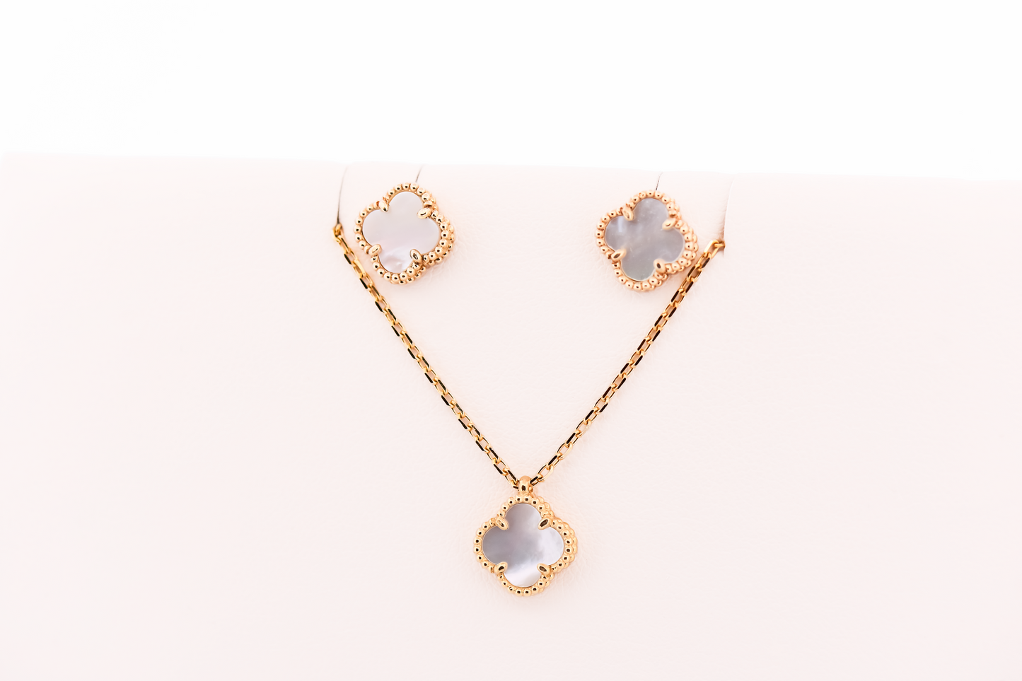 Mother of Pearl Inlay Alhambra Necklace & Earring Set in Yellow Gold