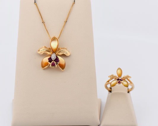 Na Hoku Orchid Pendant & Ring Set with Gemstone Inlay