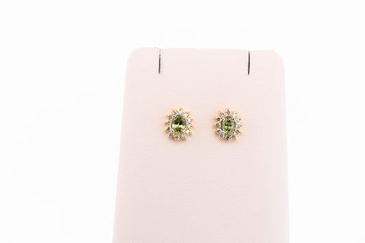 Namibian Demantoid Garnet & Diamond Halo Stud Earrings