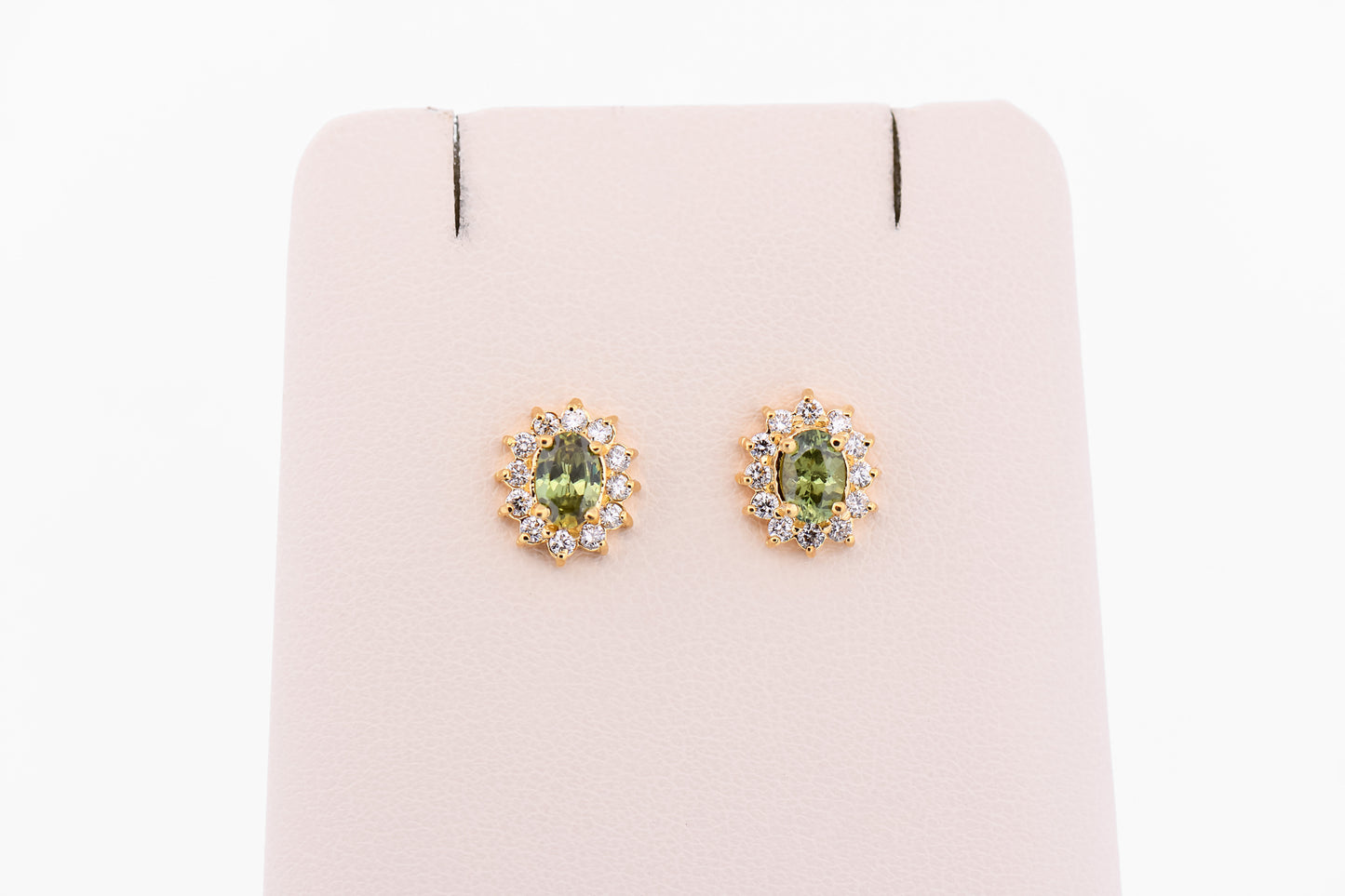 Namibian Demantoid Garnet & Diamond Halo Stud Earrings