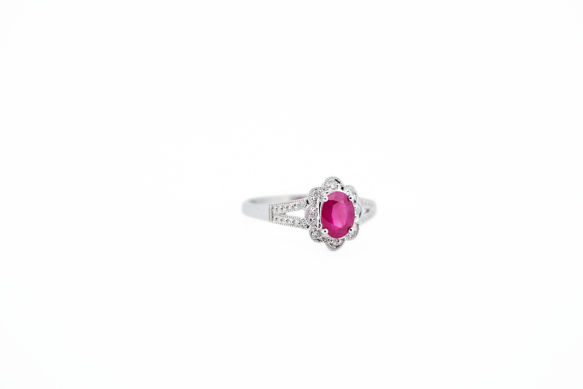 Natural Ruby & Diamond Halo Ring in White Gold