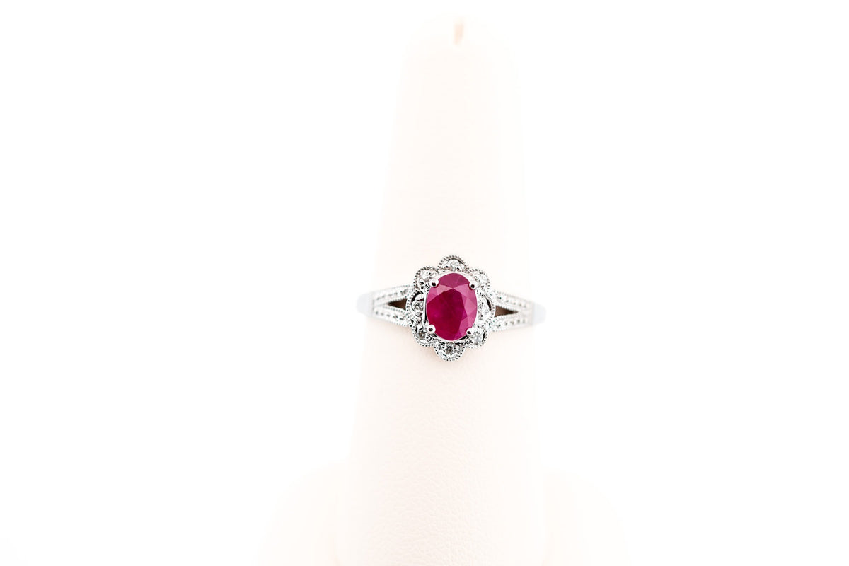 Natural Ruby & Diamond Halo Ring in White Gold