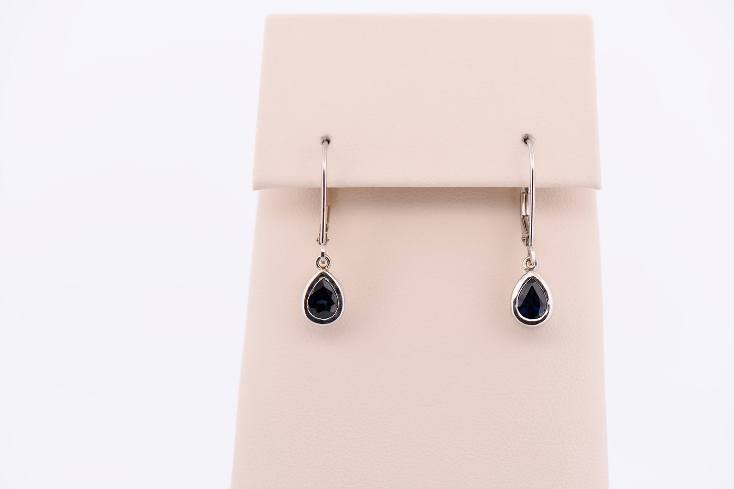 Navy Blue Sapphire Dangle Earrings on White Gold Leverbacks