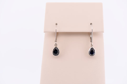Navy Blue Sapphire Dangle Earrings on White Gold Leverbacks