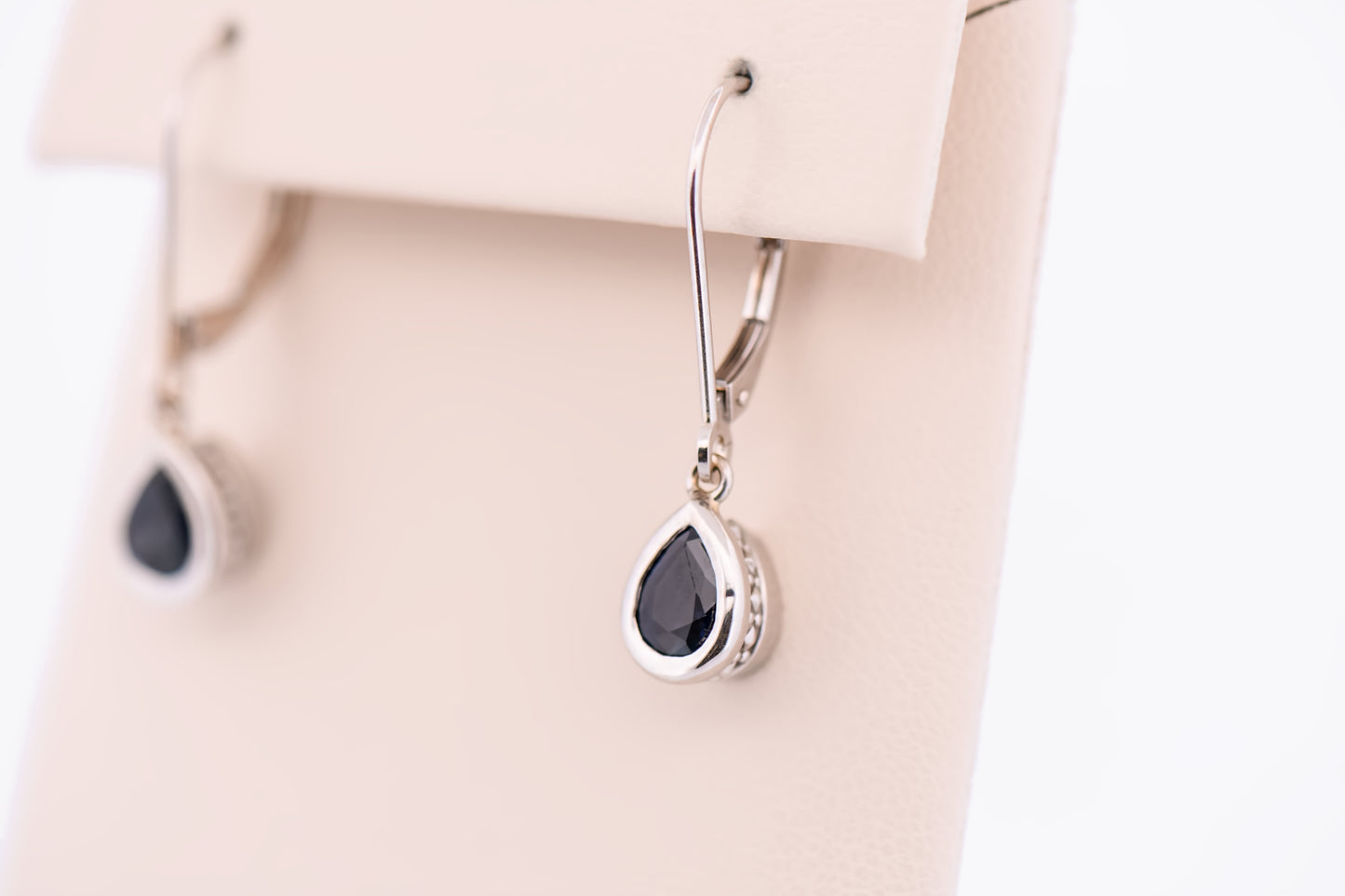 Navy Blue Sapphire Dangle Earrings on White Gold Leverbacks