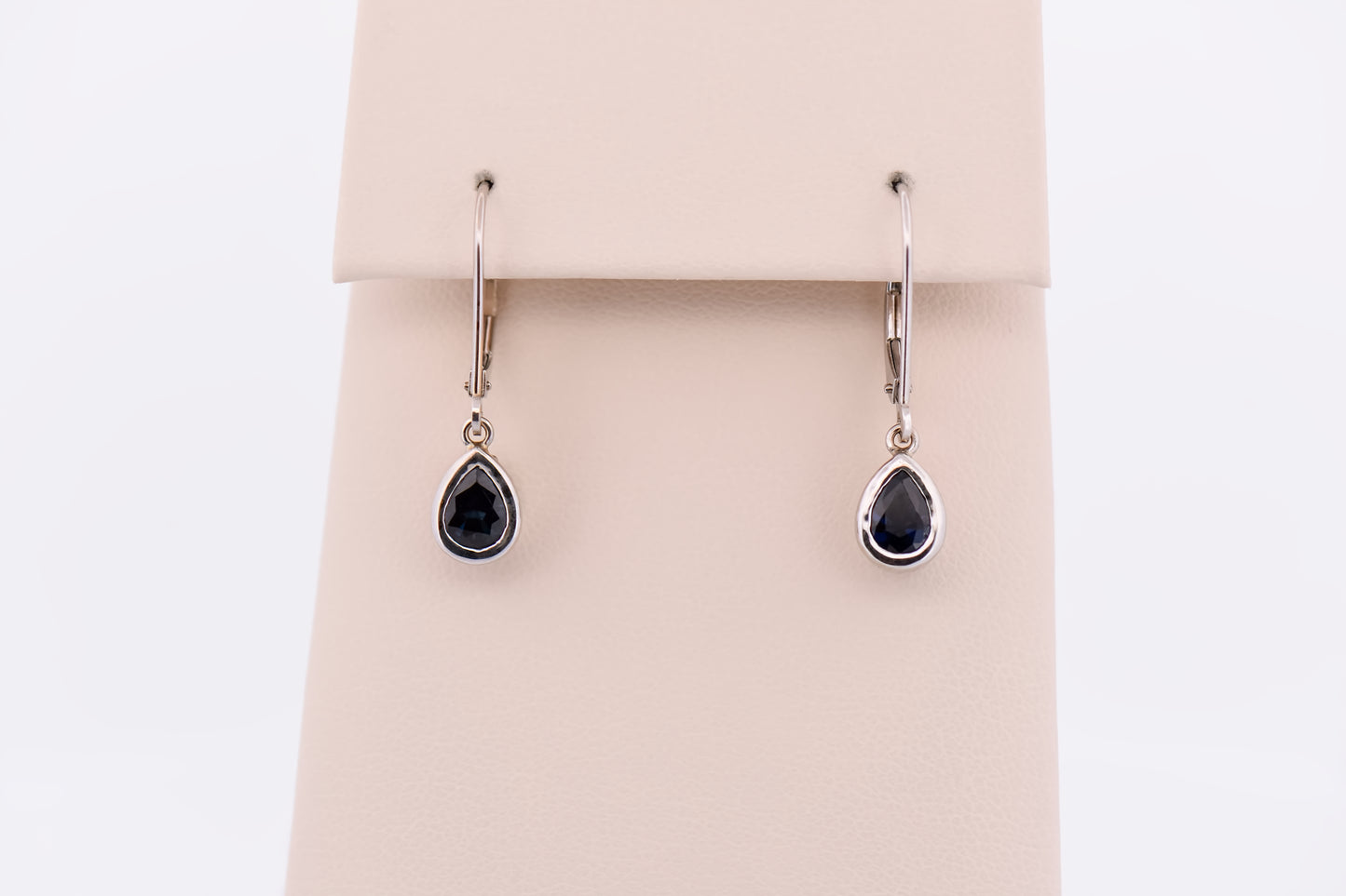 Navy Blue Sapphire Dangle Earrings on White Gold Leverbacks