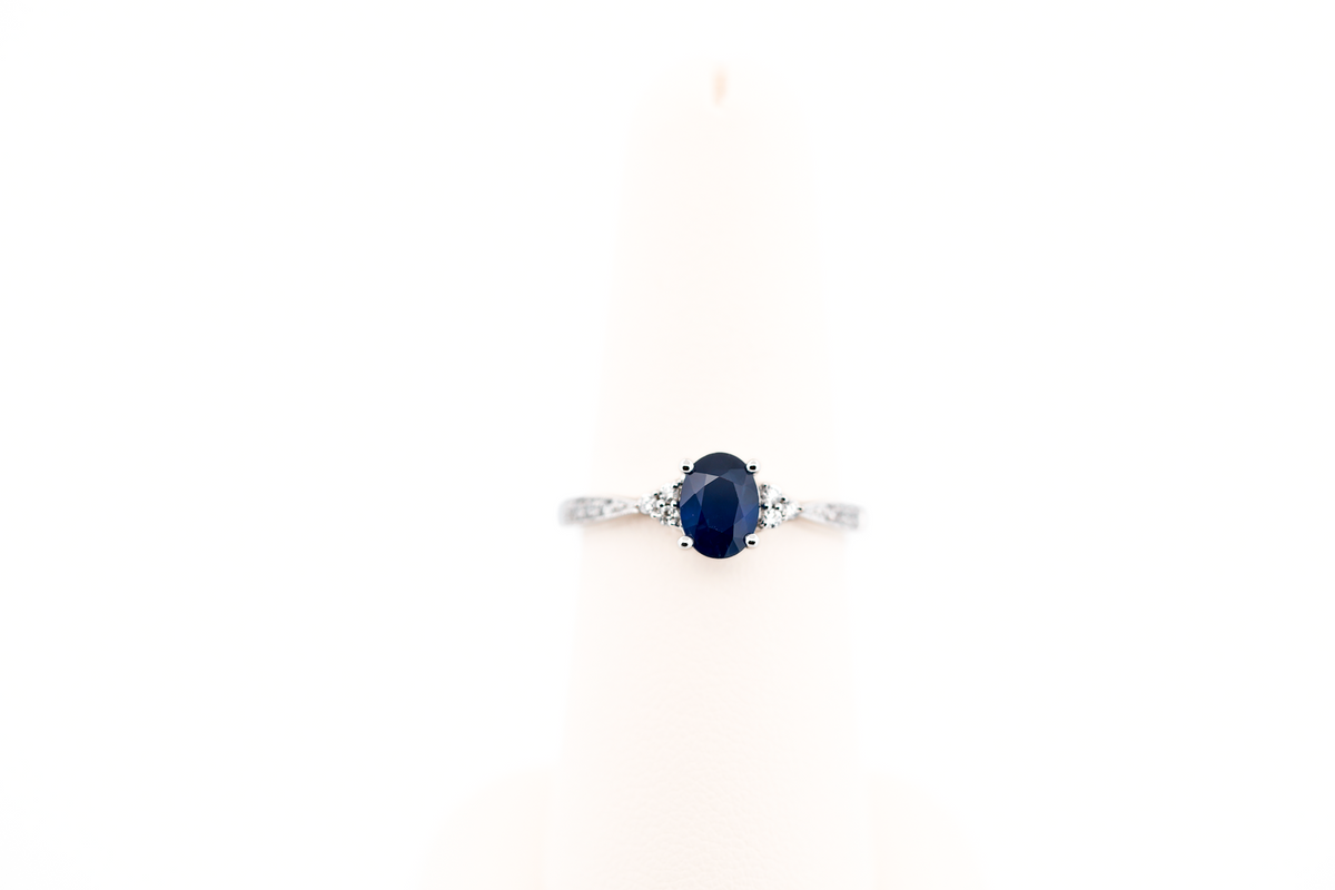 Navy Blue Sapphire Engagement Ring with Diamond Accents in White Gold