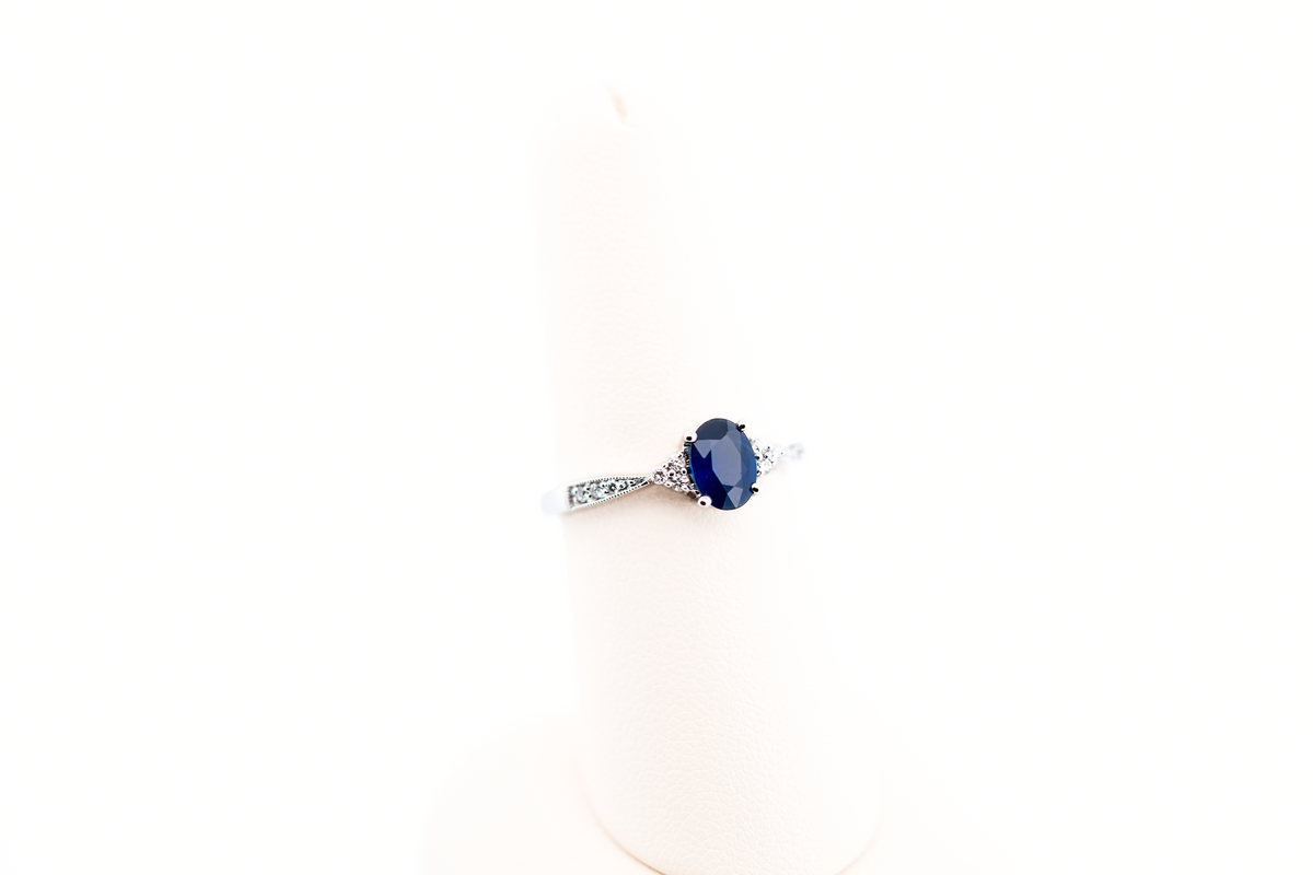 Navy Blue Sapphire Engagement Ring with Diamond Accents in White Gold