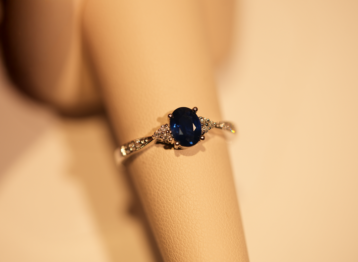 Navy Blue Sapphire Engagement Ring with Diamond Accents in White Gold