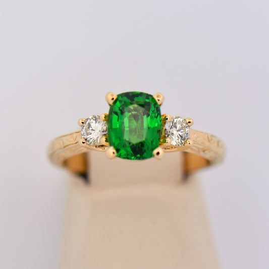 2ct Tsavorite & Diamond 3-Stone Ring in Carved Gold