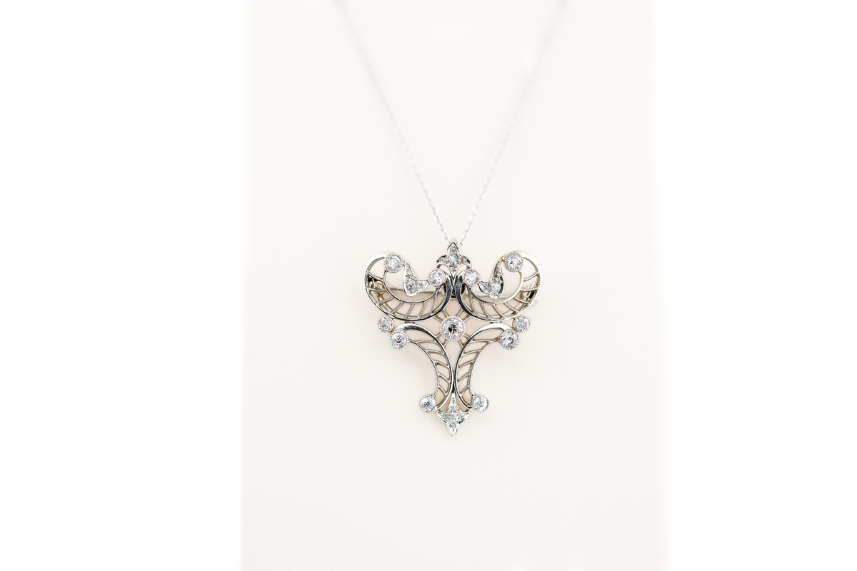 Ornate Early Art Deco Platinum Filigree & Diamond Pendant Brooch Combo