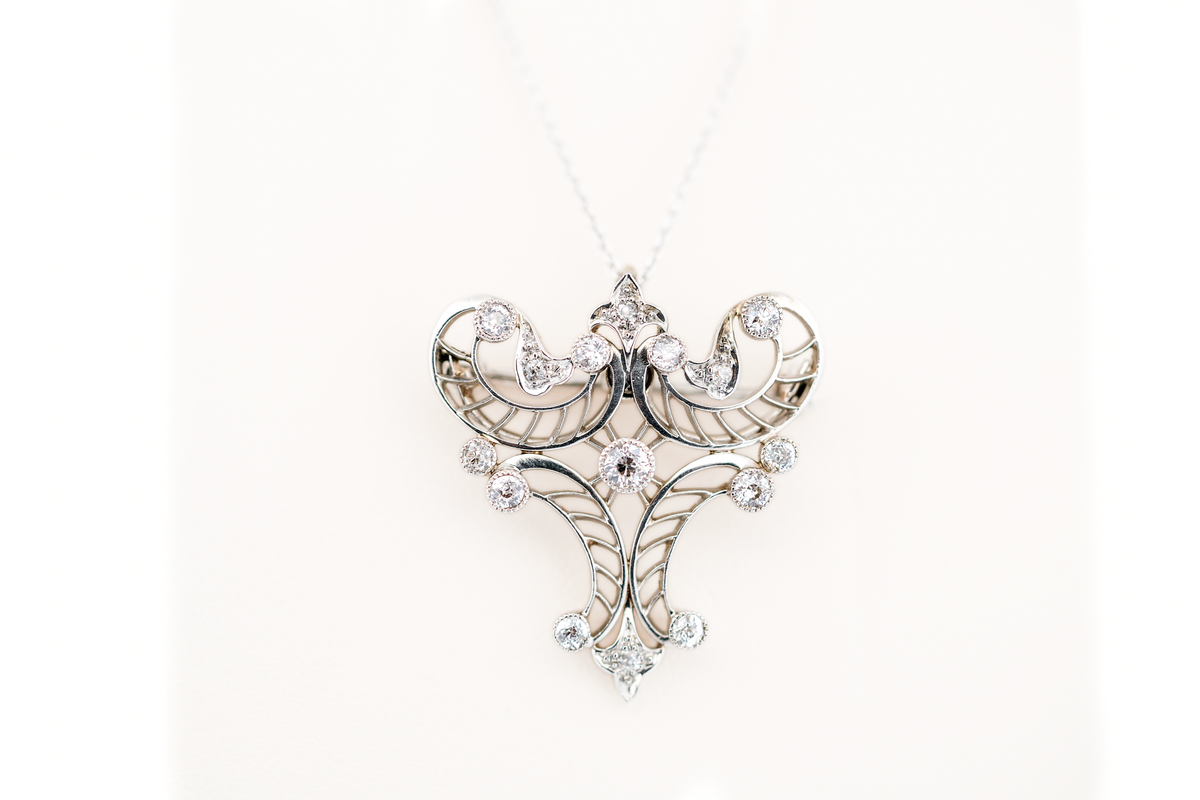 Ornate Early Art Deco Platinum Filigree & Diamond Pendant Brooch Combo