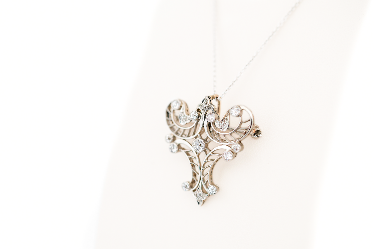 Ornate Early Art Deco Platinum Filigree & Diamond Pendant Brooch Combo