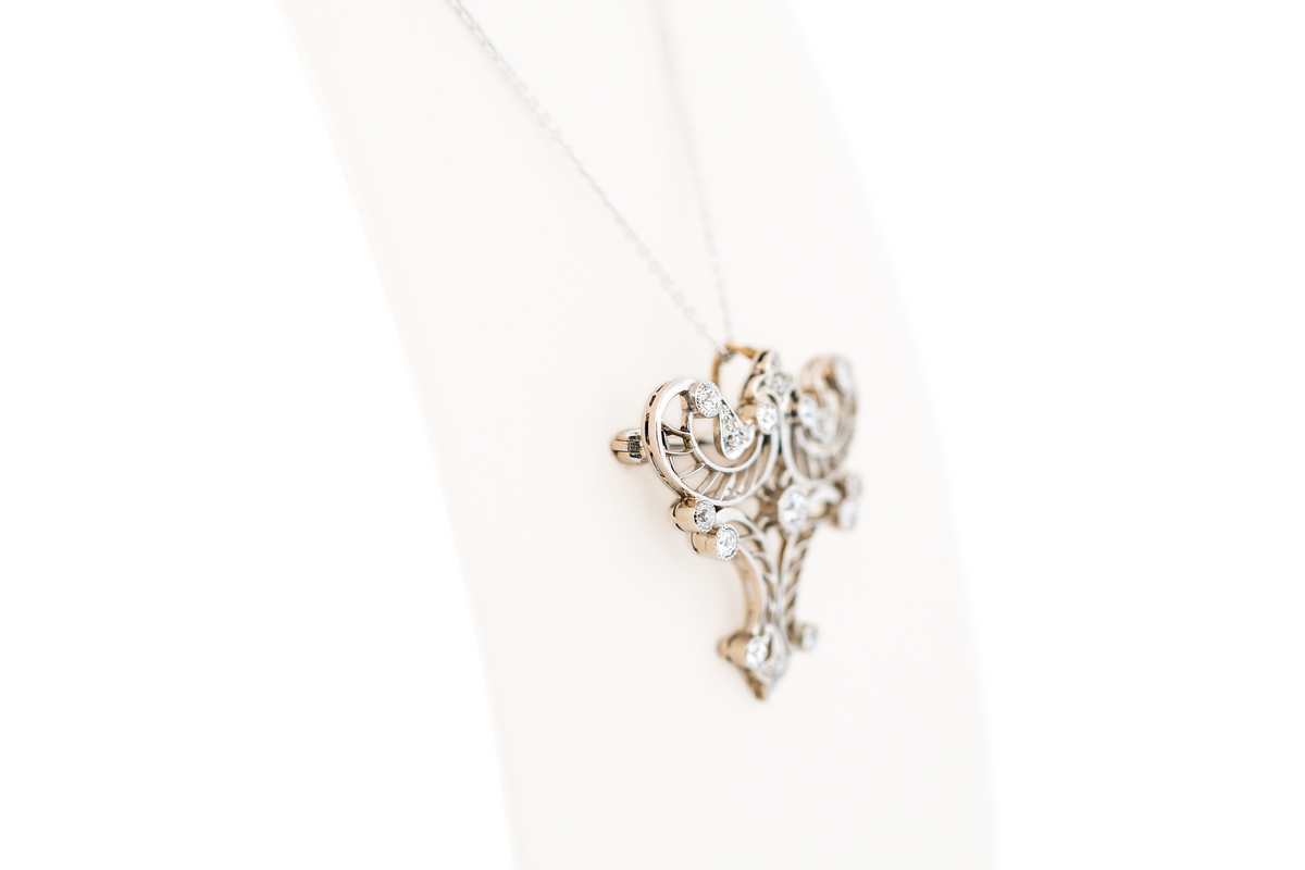 Ornate Early Art Deco Platinum Filigree & Diamond Pendant Brooch Combo