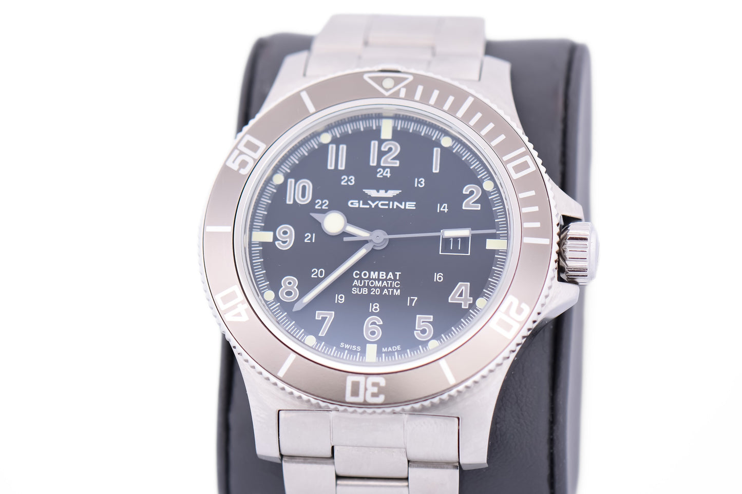 Oversized 48mm Glycine Combat Sub Automatic Wrist Watch - Grey Bezel Full Set