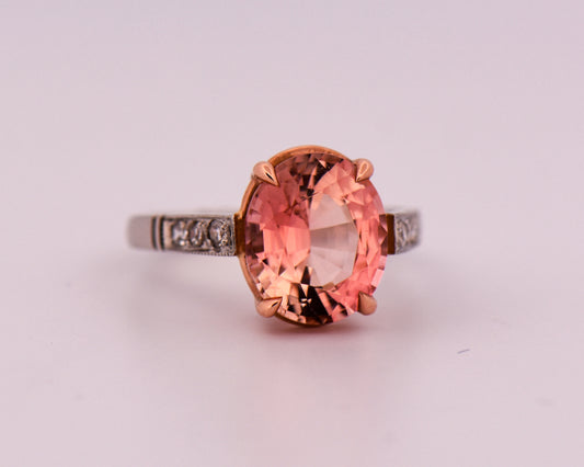 Platinum Engagement Ring Set with Peachy Pink Tourmaline