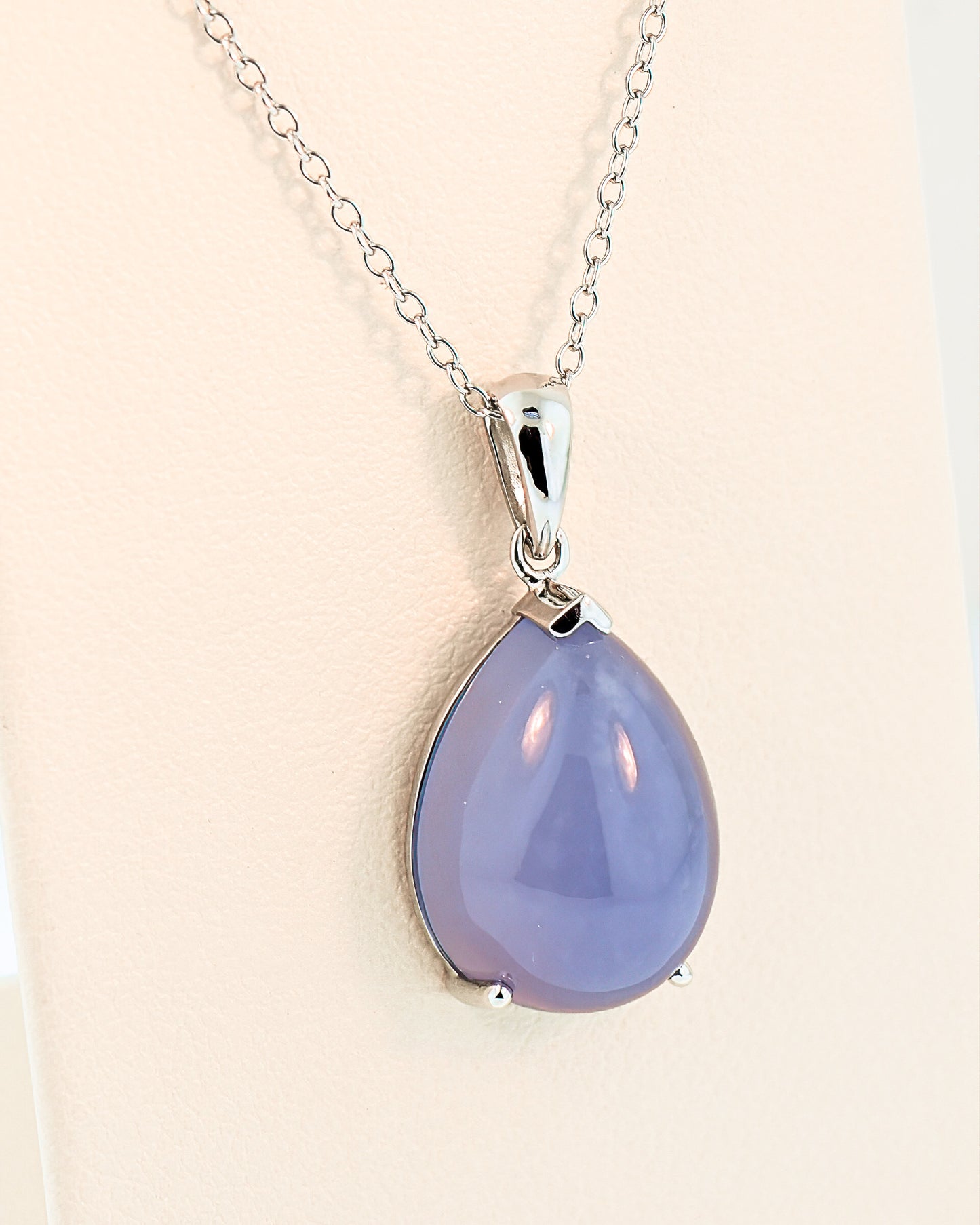 Pear Cabochon Chalcedony Pendant in 14k White Gold