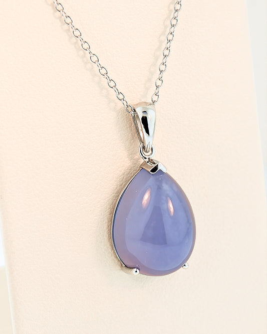 Pear Cabochon Chalcedony Pendant in 14k White Gold