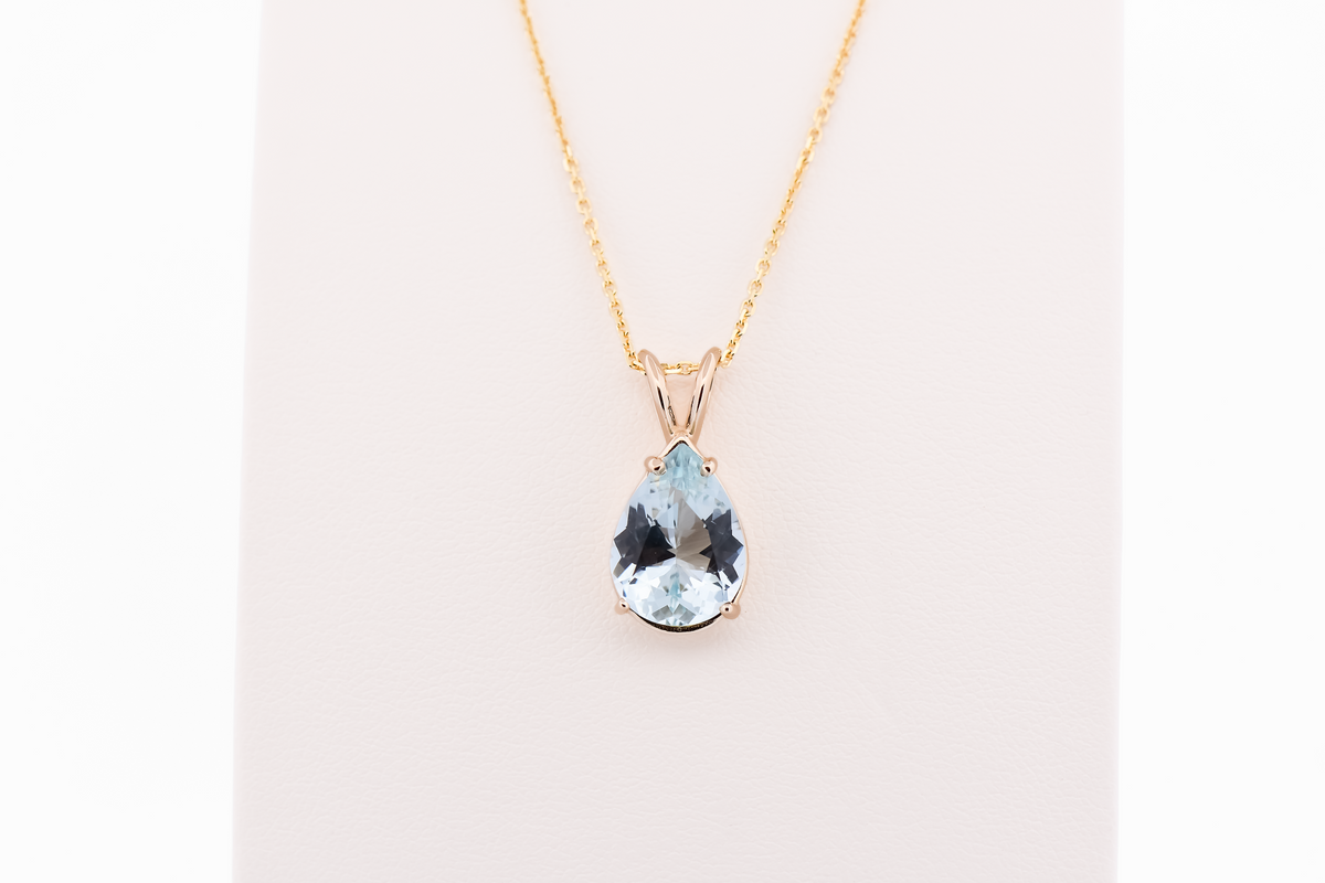 Pear Shape Aquamarine Solitaire Pendant in 14k Yellow Gold